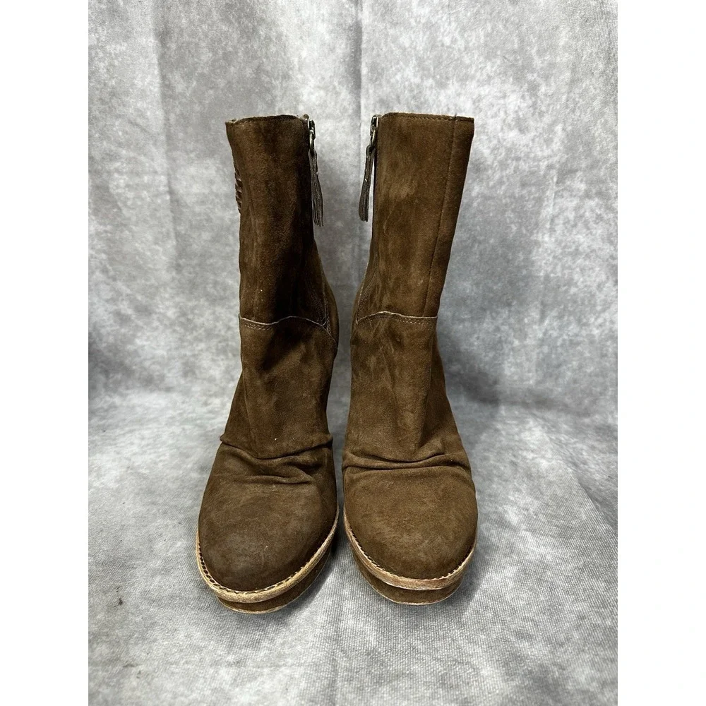 UGG Bianka Brown Suede Platform Mid-Calf Boots Braided Trim Shearling Lined Sz 8